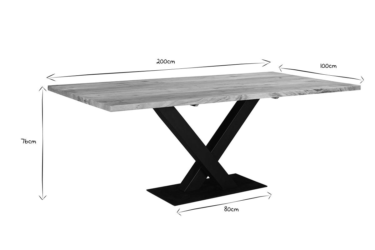 Table � manger rectangulaire industrielle en bois massif et m�tal noir L200 cm VALLEY