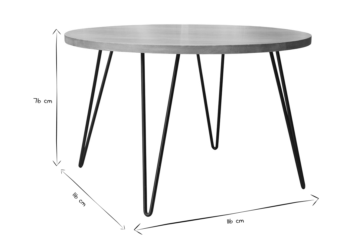 Table ronde en bois manguier avec pieds m�tal, dimensions 116 cm diam�tre, 76 cm hauteur, en noir et blanc.