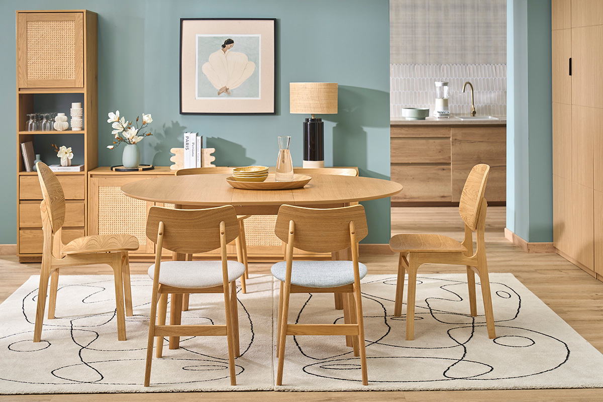 Table � manger ronde extensible avec rallonges int�gr�es en bois clair ch�ne L120-150 cm ANSEL