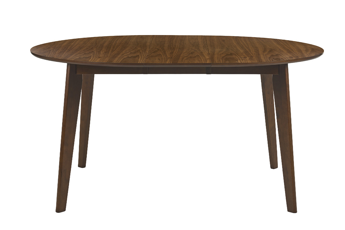 Table ronde extensible en noyer, vue de face.