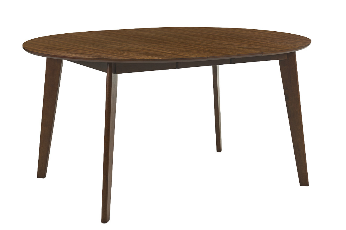 Table ronde extensible en bois finition noyer, vue en 3/4.