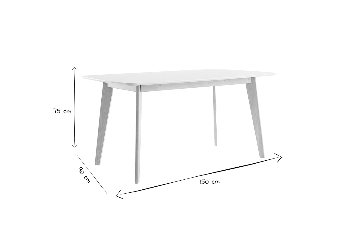 Dimensions de la table � manger scandinave LEENA, 150 cm x 90 cm x 75 cm en noir et blanc.