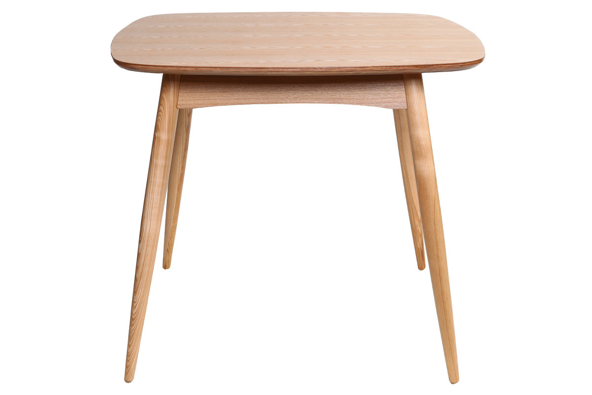 Table � manger scandinave carr�e en fr�ne naturel vue de face, dimensions L90 cm.