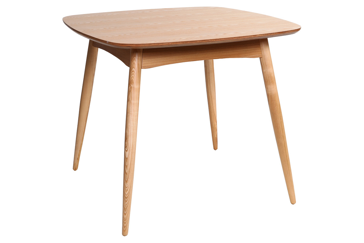 Table � manger scandinave carr�e en fr�ne naturel, vue de trois quarts.