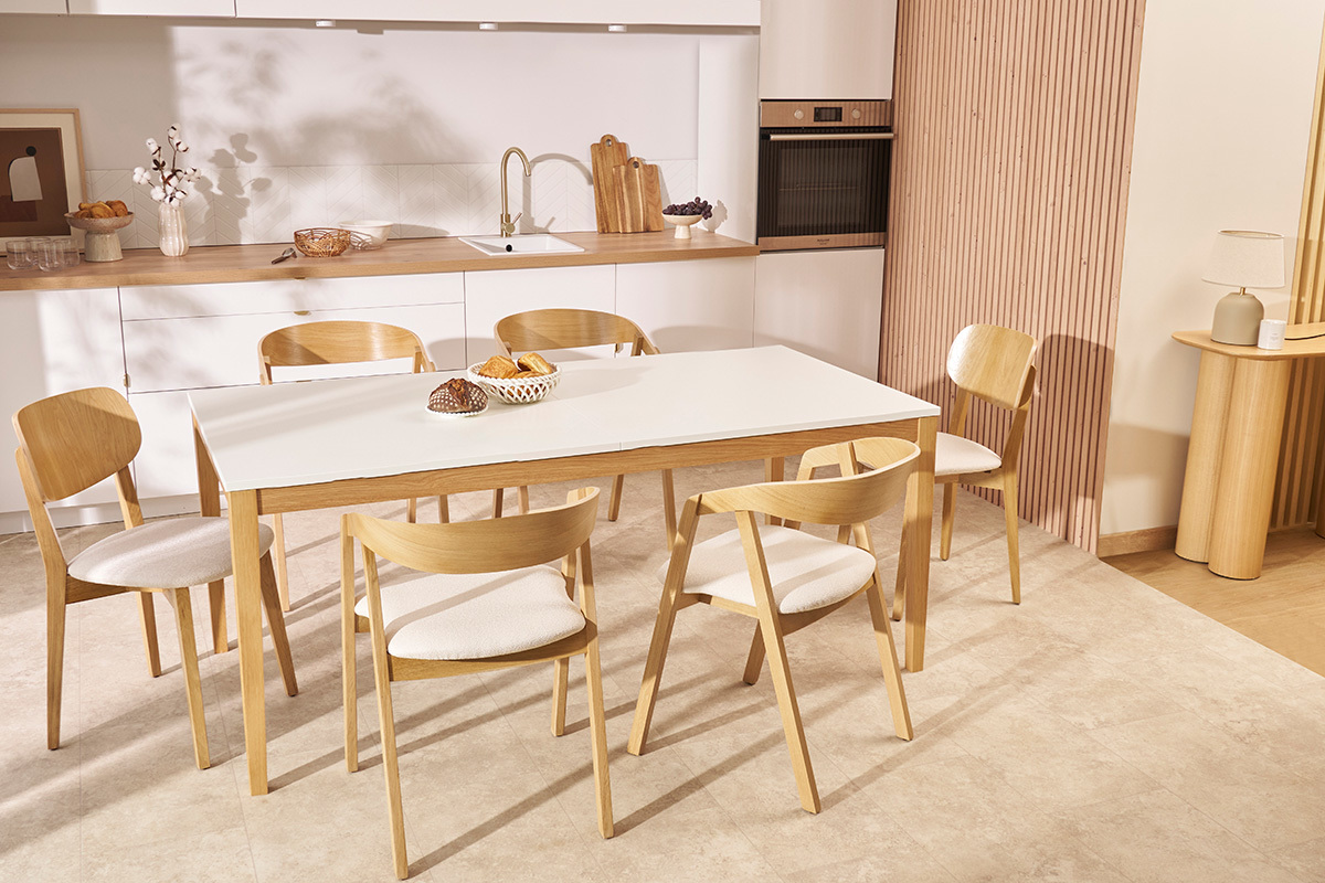 Table � manger scandinave extensible blanche pieds bois rectangulaire L180-260 cm DELAH