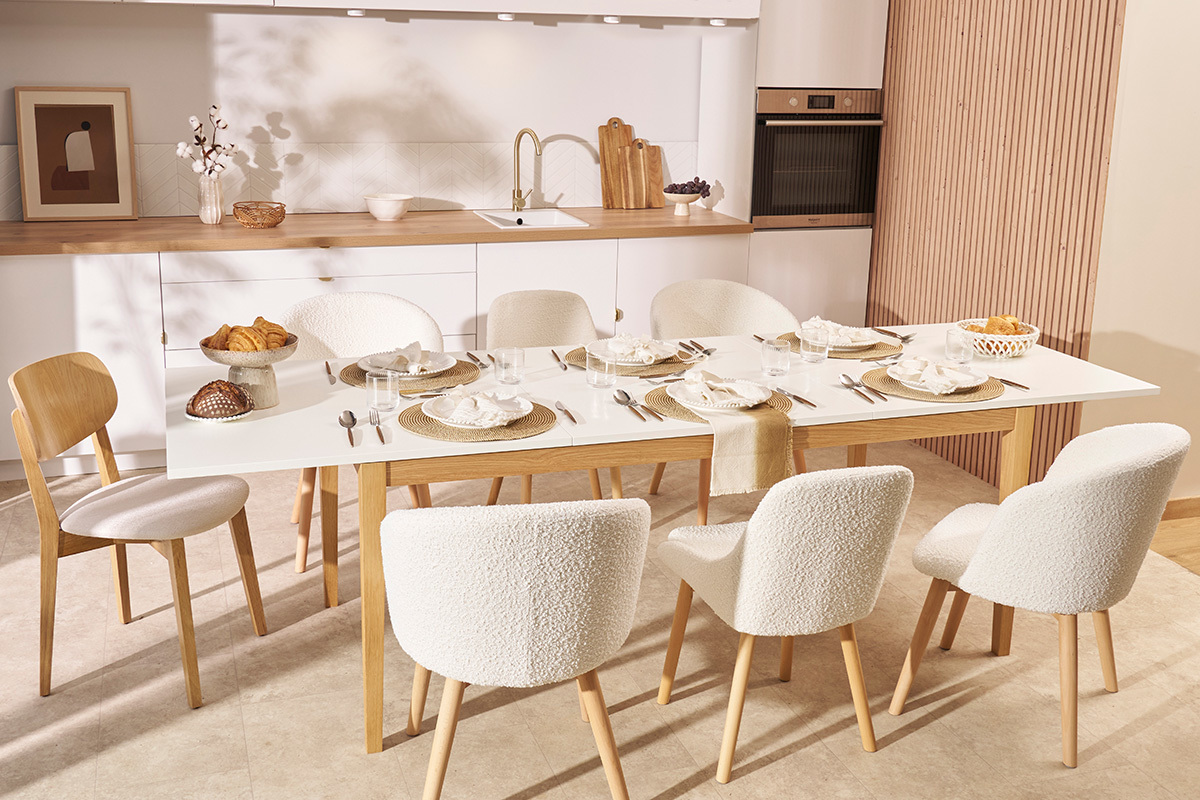 Table � manger scandinave extensible blanche pieds bois rectangulaire L180-260 cm DELAH