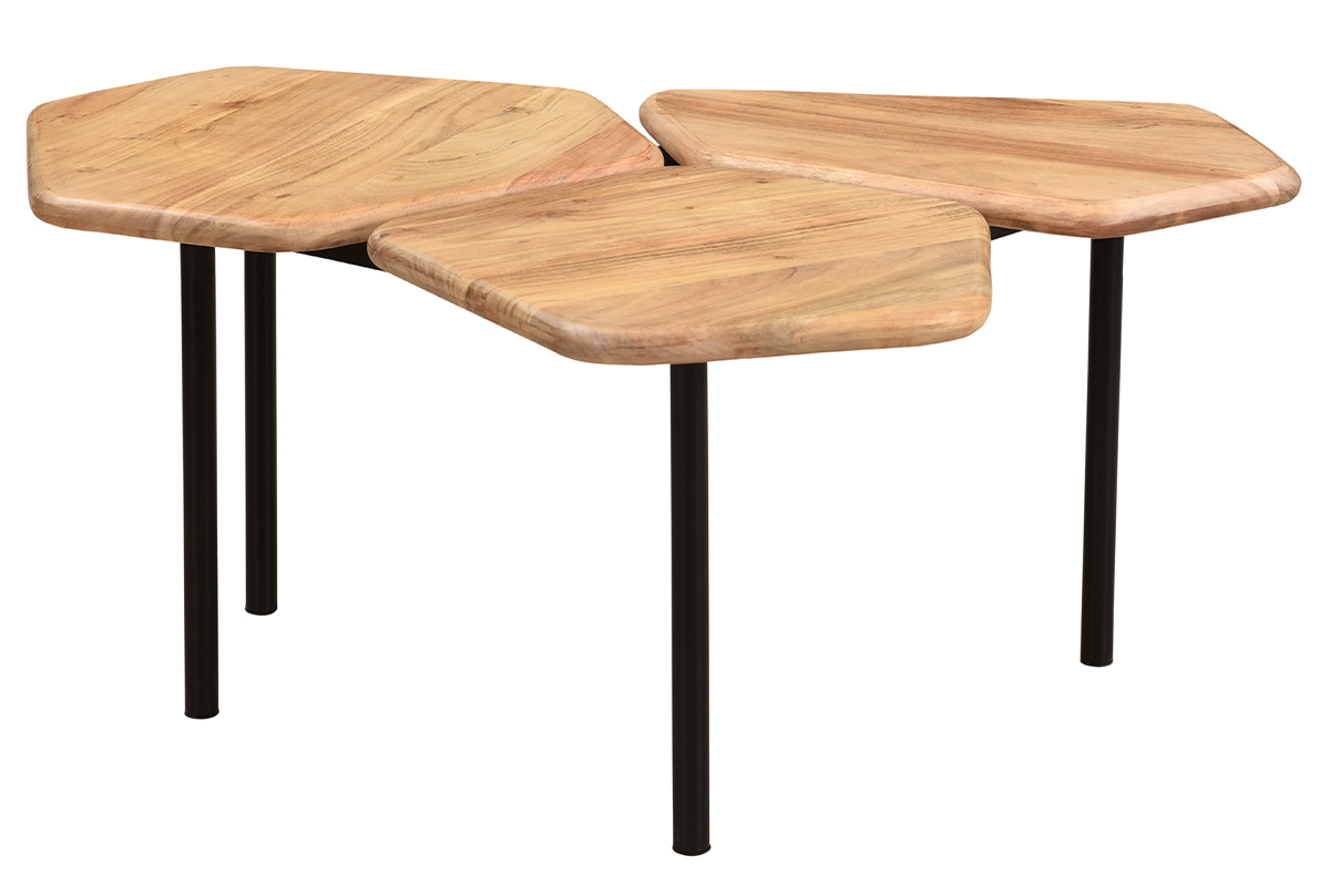 Table basse 3 plateaux bois massif et m�tal noir L95 cm SUZANE