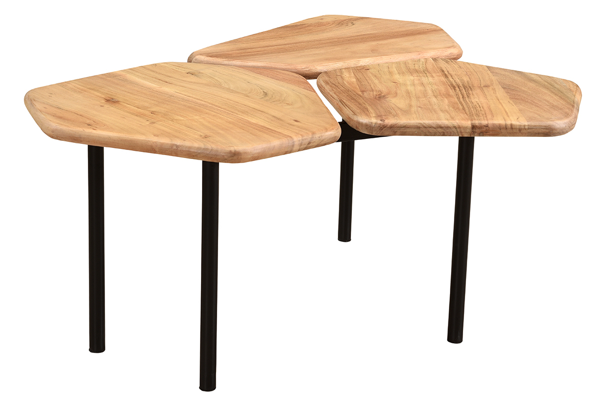Table basse 3 plateaux bois massif et m�tal noir L95 cm SUZANE