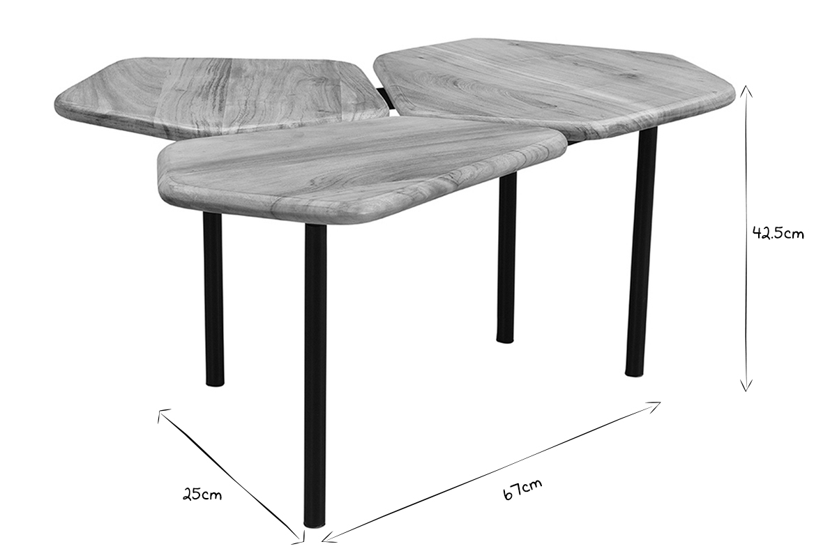 Table basse 3 plateaux bois massif et m�tal noir L95 cm SUZANE