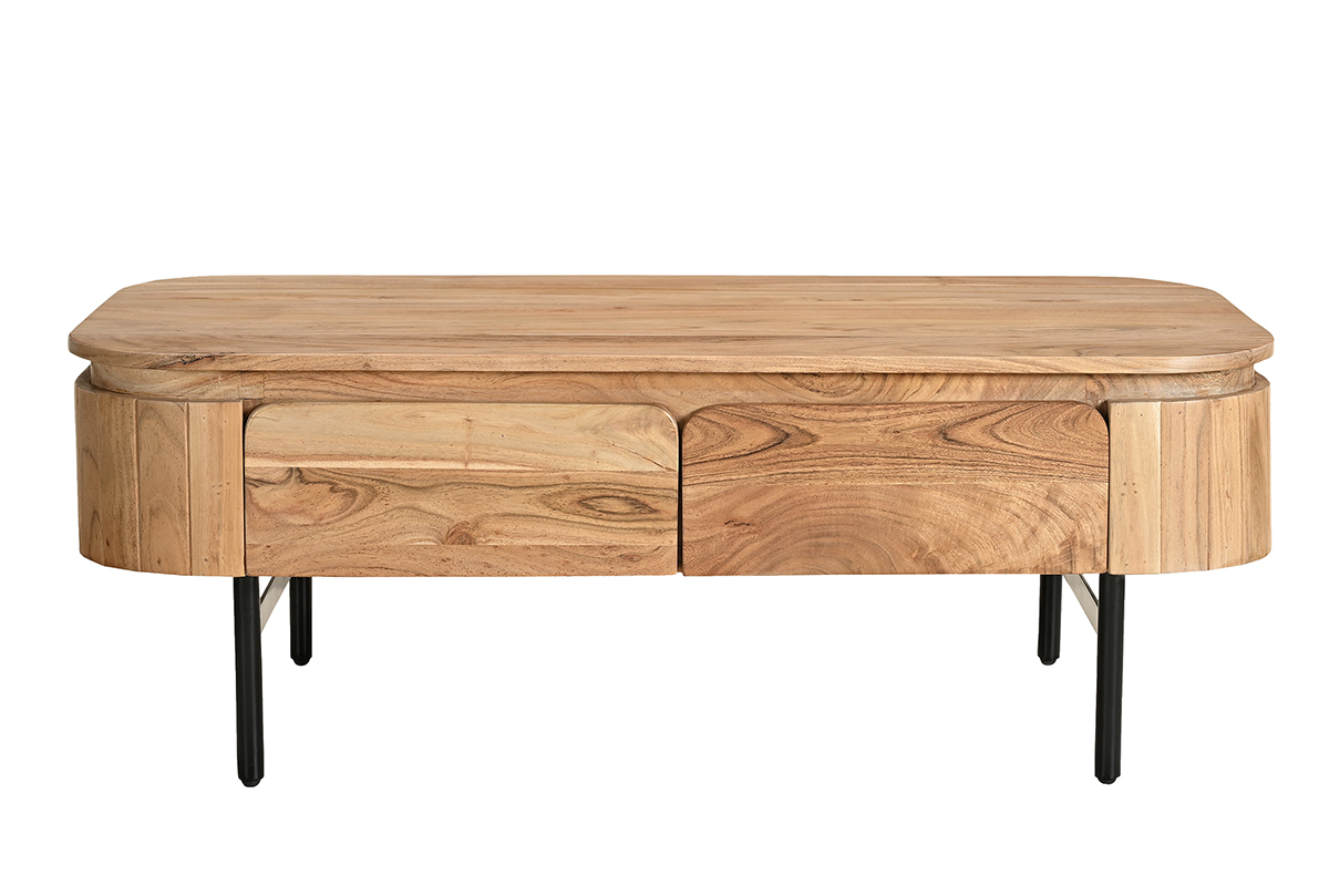 Table basse avec rangements en bois massif et m�tal noir 4 tiroirs L115 cm NAPOLI
