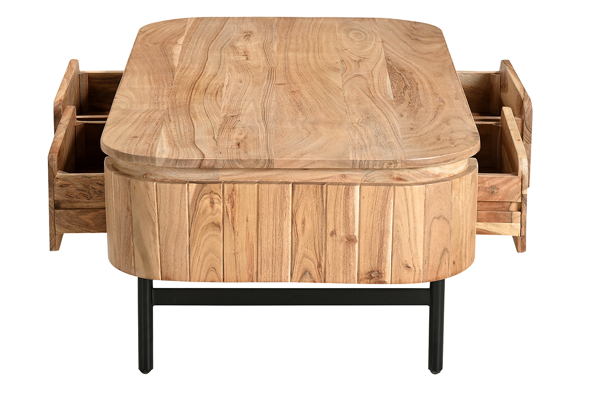 Table basse avec rangements en bois massif et m�tal noir 4 tiroirs L115 cm NAPOLI