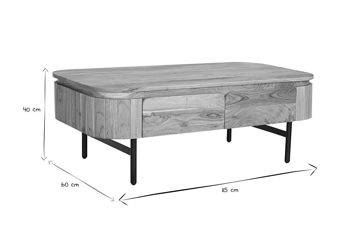 Table basse avec rangements en bois massif et m�tal noir 4 tiroirs L115 cm NAPOLI