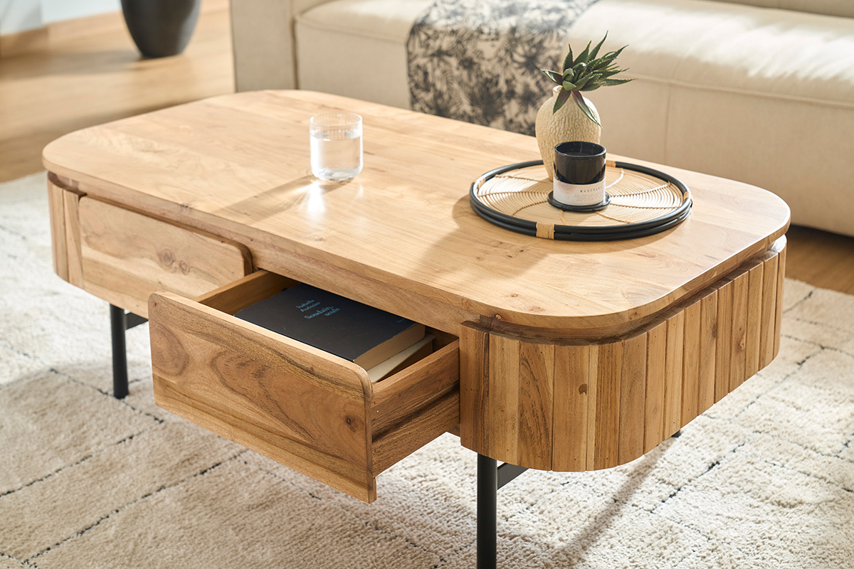 Table basse avec rangements en bois massif et m�tal noir 4 tiroirs L115 cm NAPOLI