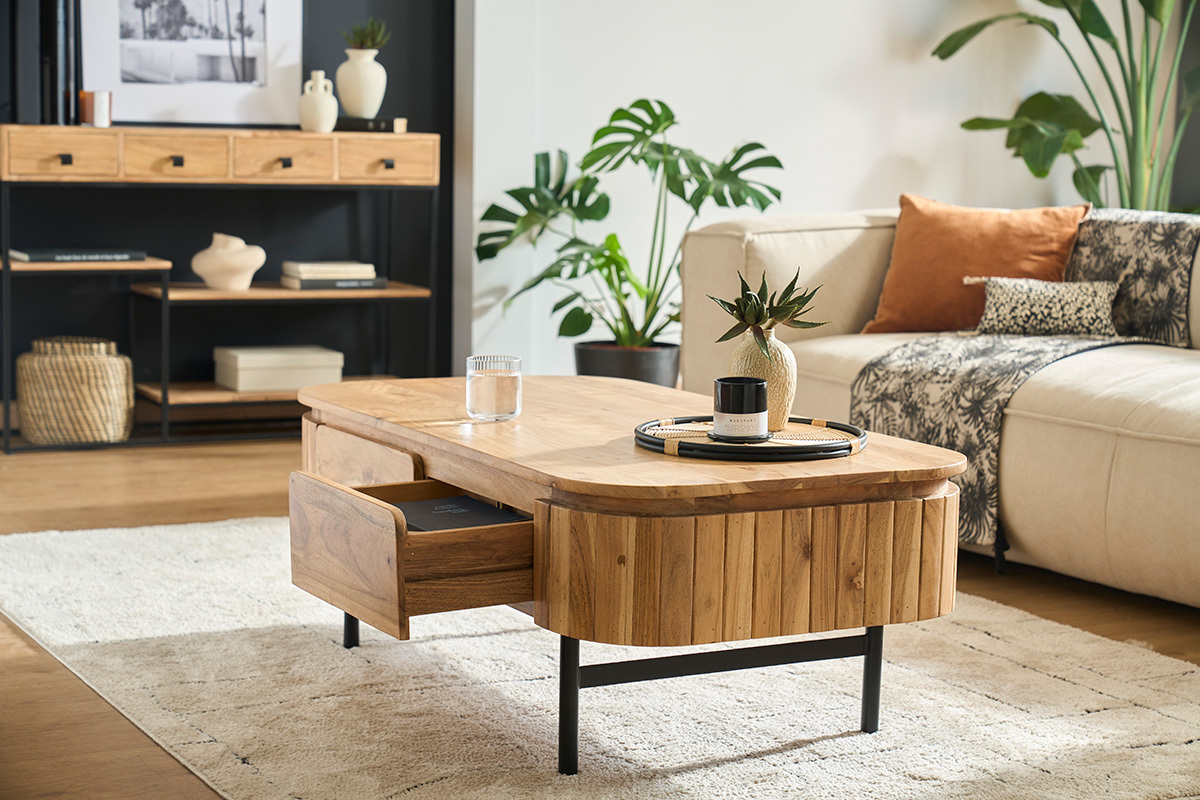 Table basse avec rangements en bois massif et m�tal noir 4 tiroirs L115 cm NAPOLI