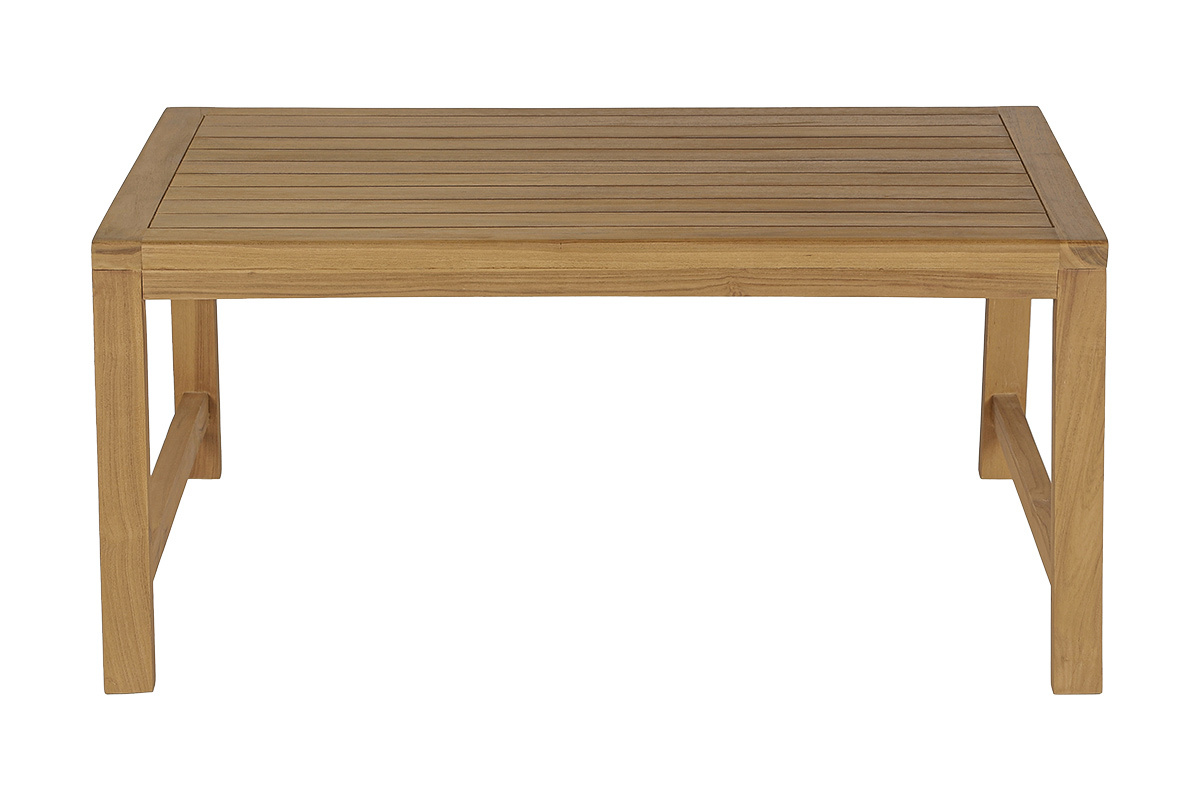 Table basse rectangulaire en teck massif de 100 cm, vue de face, au design naturel et �l�gant.
