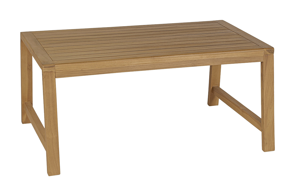 Table basse de jardin rectangulaire en teck massif, vue de trois quarts, dimensions 100x70x45 cm.
