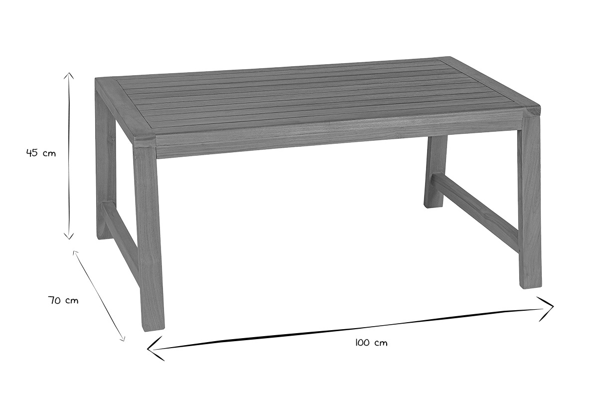 Dimensions de la table basse rectangulaire en teck massif : 100 cm x 70 cm x 45 cm en noir et blanc.