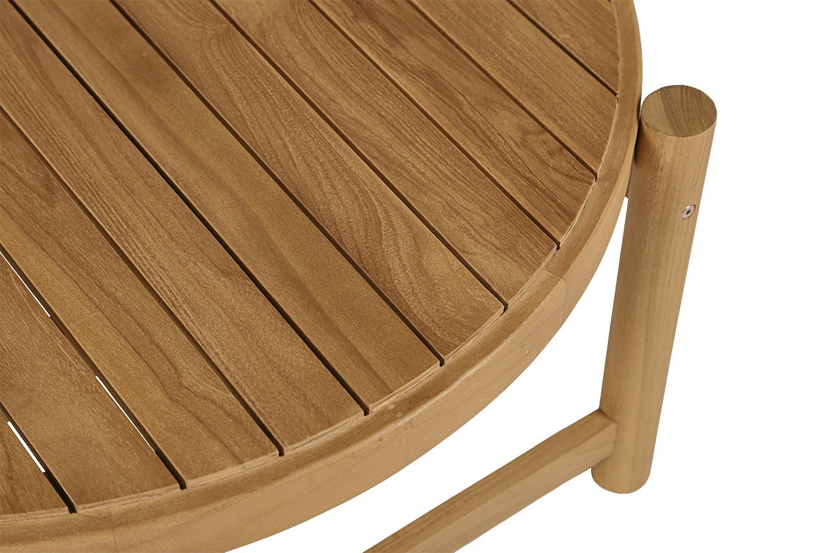 Table basse ronde en teck massif, plateau circulaire avec lattes, vue de dessus