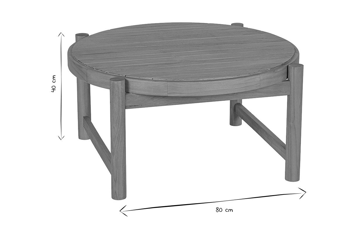 Dimensions de la table basse ronde MOANA en teck massif, 80 cm de diam�tre et 40 cm de hauteur, en noir et blanc.