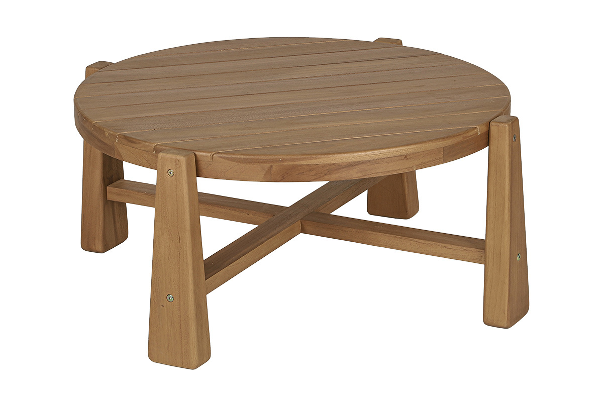 Table basse de jardin ronde en teck massif, 82 cm de diam�tre, vue de trois quarts.