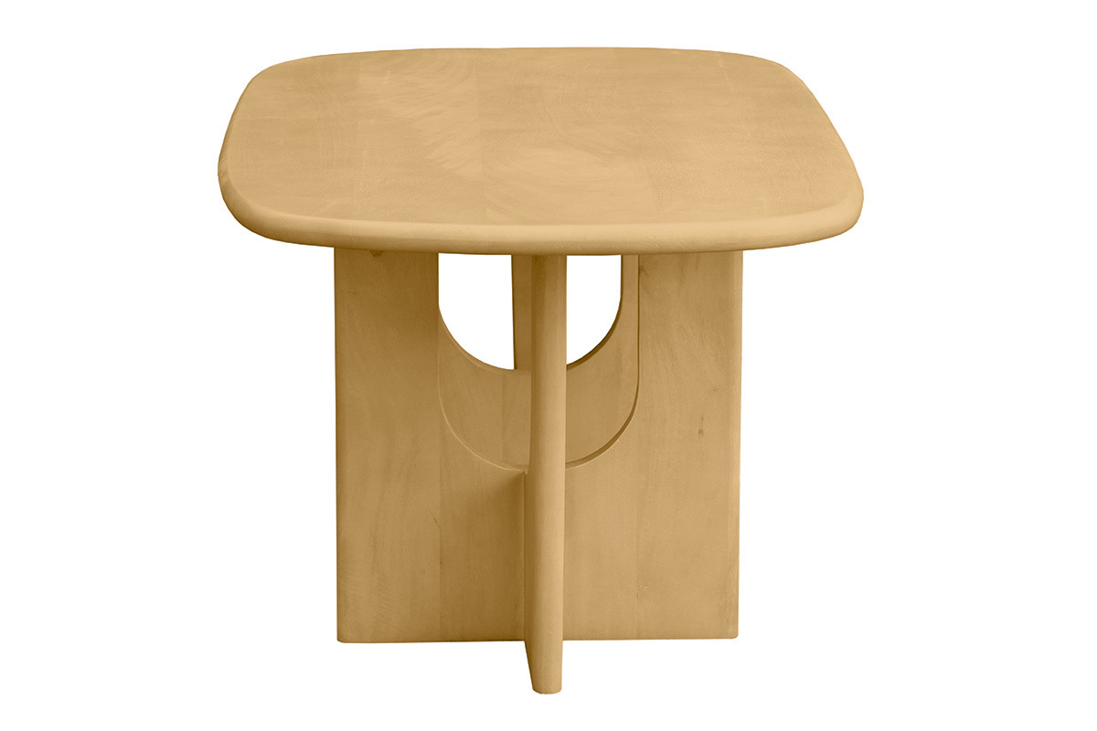 Table basse design en bois clair manguier massif, vue de profil, forme rectangulaire avec bords arrondis