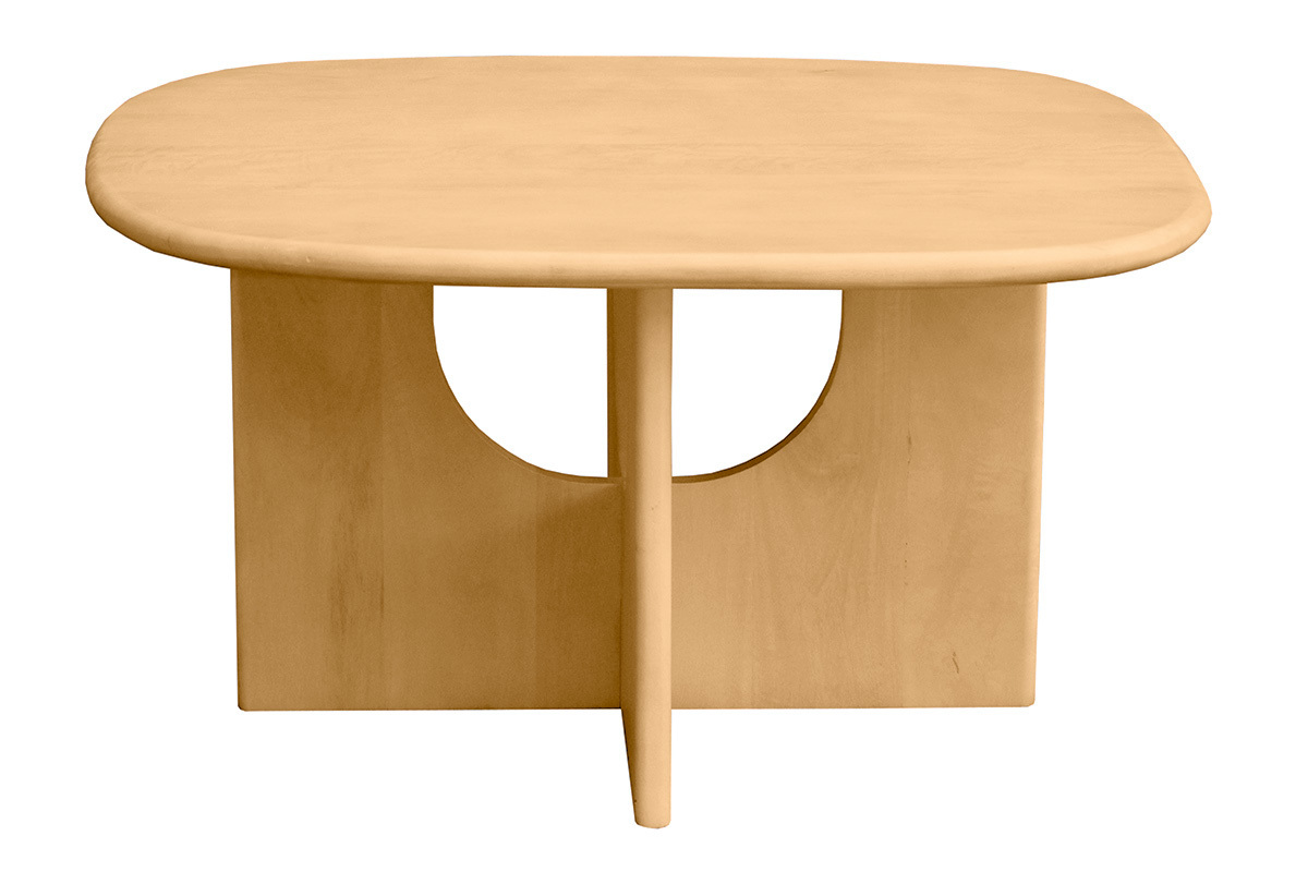 Table basse carr�e en bois clair manguier massif, vue de face avec bords arrondis.