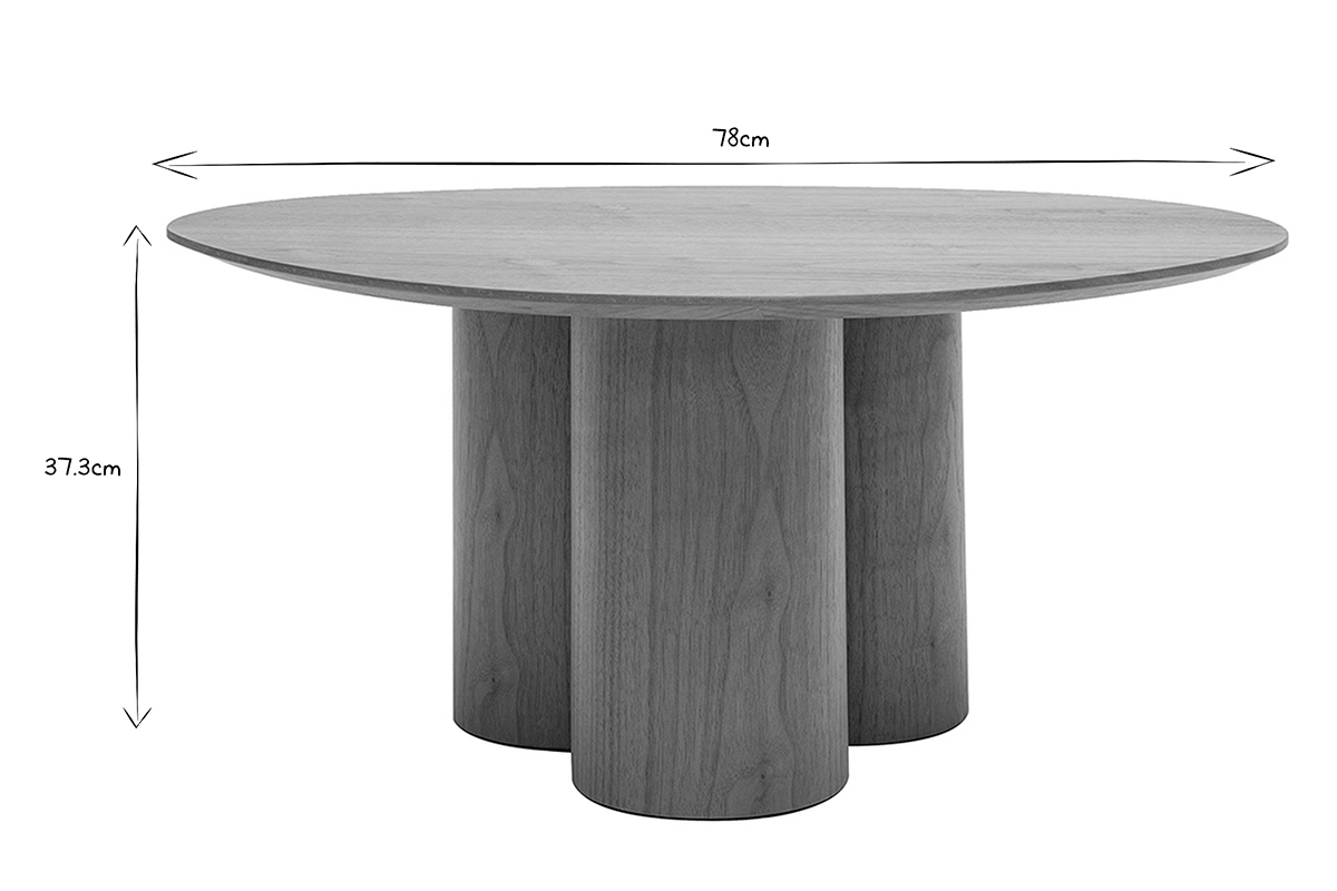 Table basse en bois vue de face avec dimensions L78 x H37.3 cm en noir et blanc.