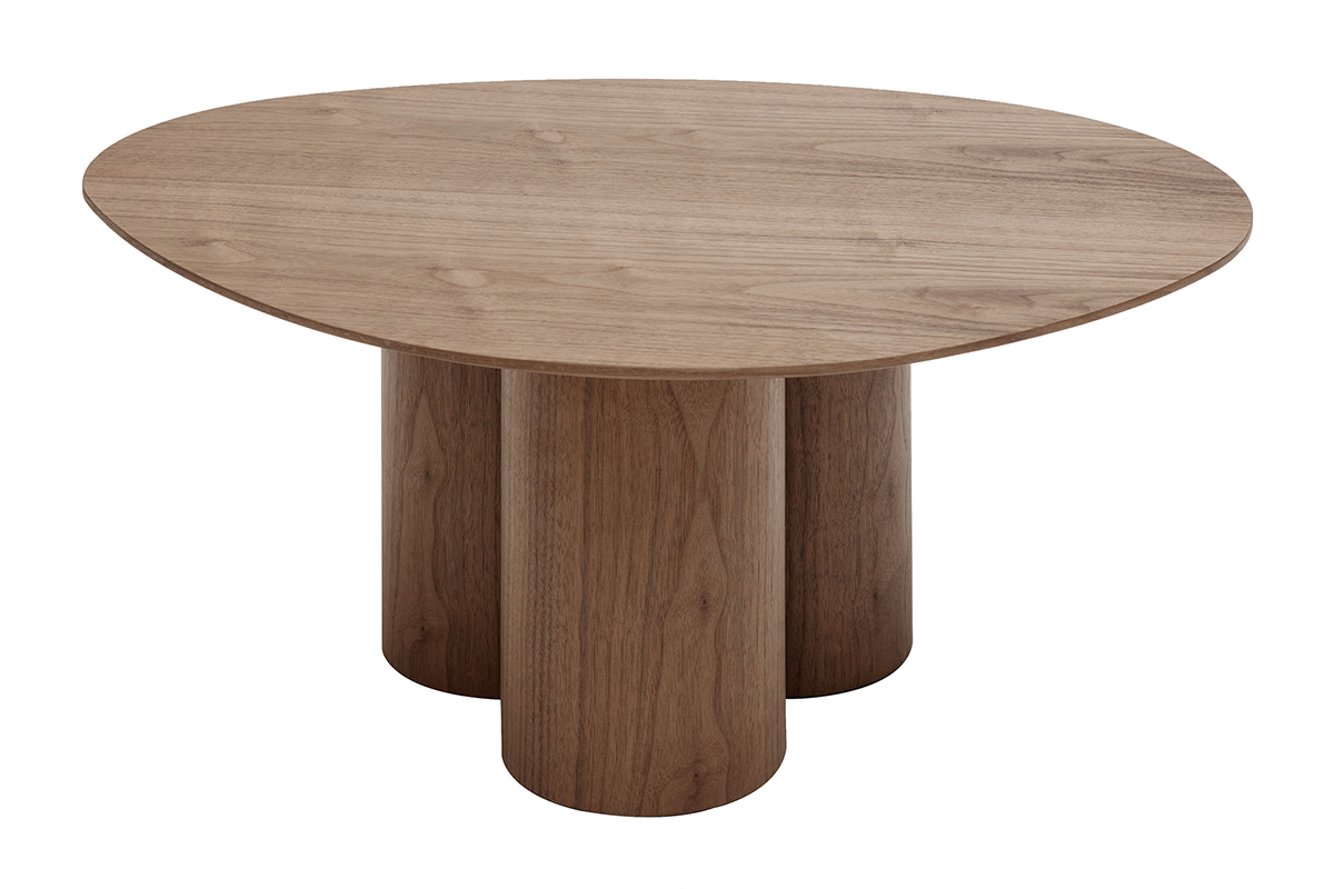 Table basse en bois fonc� noyer avec plateau ovale et pieds cylindriques.