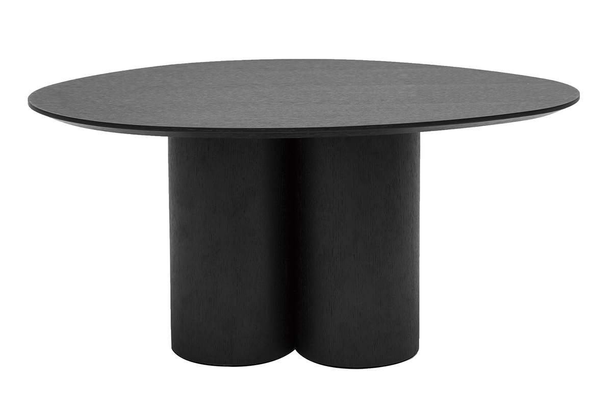 Table basse design bois noir avec pied trois cylindres, vue de face.
