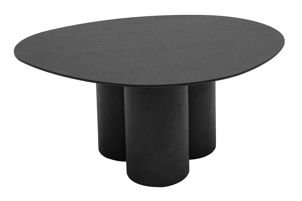 Table basse noire HOLLEN avec plateau ovale et pieds cylindriques, vue 3/4.