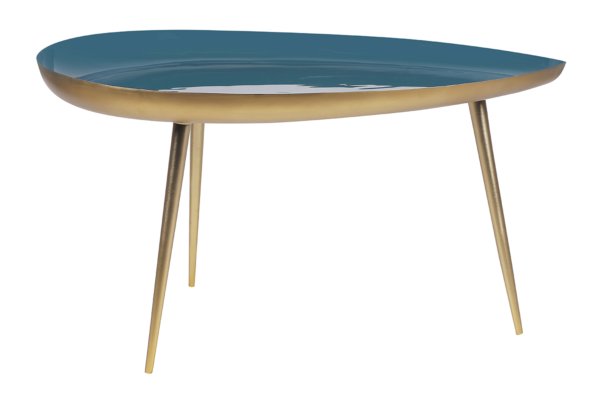 Table basse design en acier laqu� bleu canard et dor� L80 cm DROP