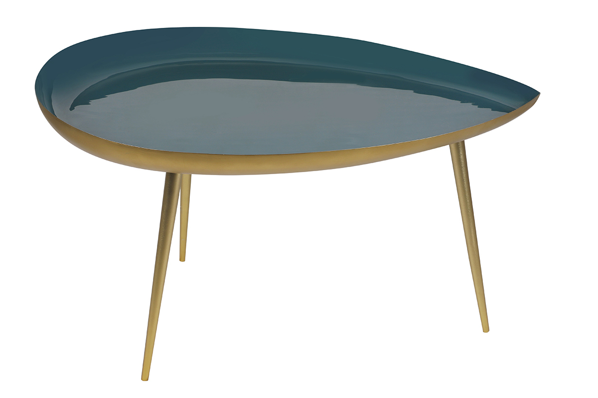 Table basse design en acier laqu� bleu canard et dor� L80 cm DROP