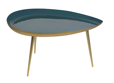 Table basse design en acier laqu&eacute; bleu canard et dor&eacute; L80 cm DROP