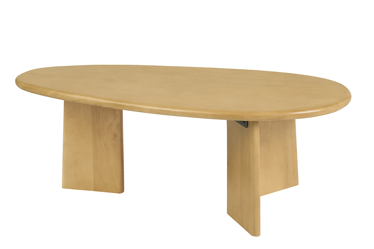Table basse design en bois manguier massif, forme ovale et asym�trique, vue de dos.