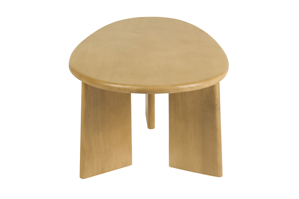 Table basse design en bois manguier massif, forme ovale, vue de profil
