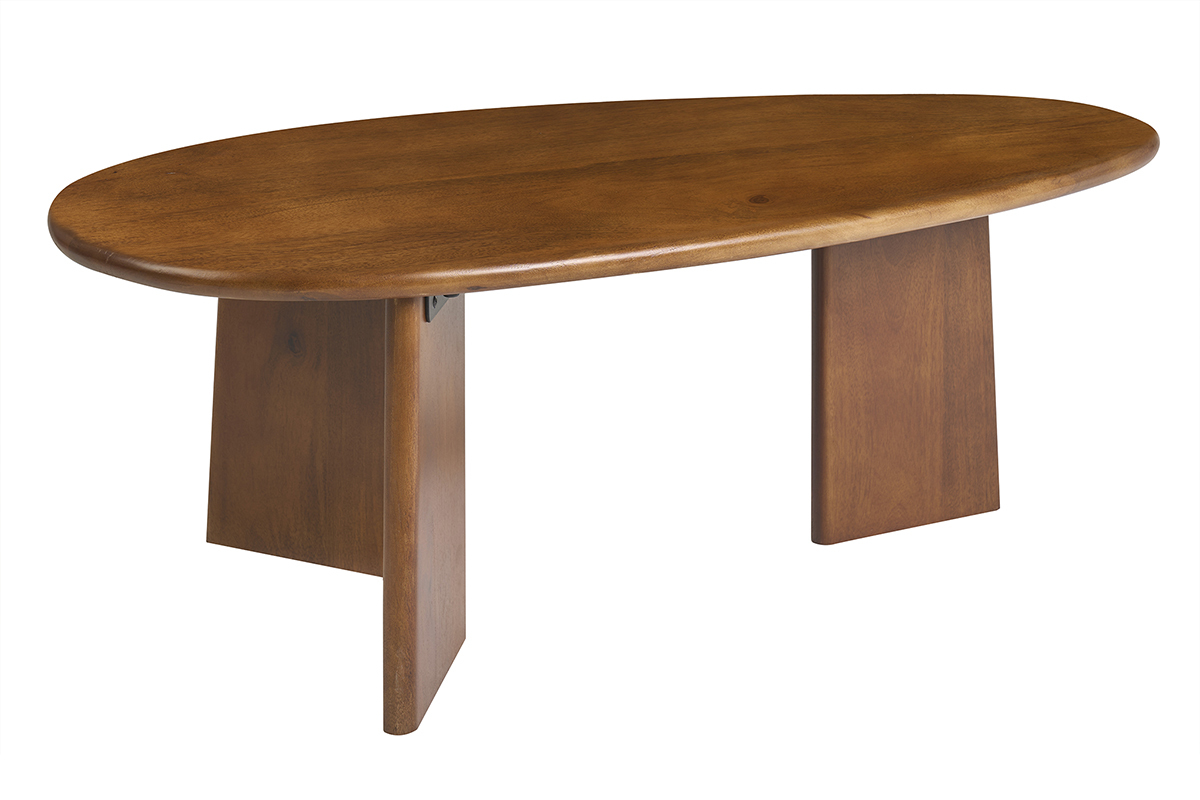 Table basse en bois manguier massif teint�, forme ovale, vue de 3/4