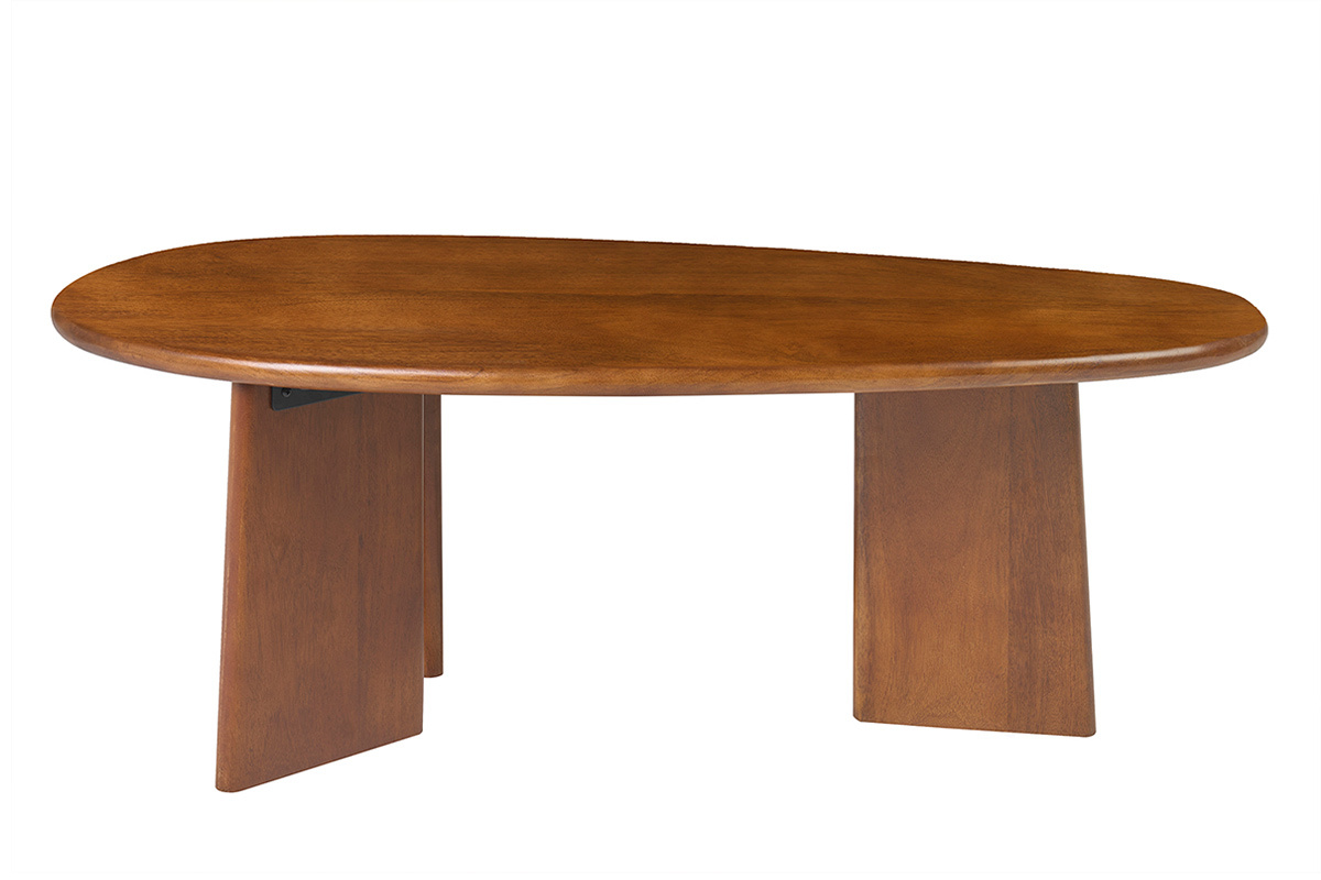 Table basse ovale en bois manguier massif, vue de face, avec pi�tement g�om�trique.