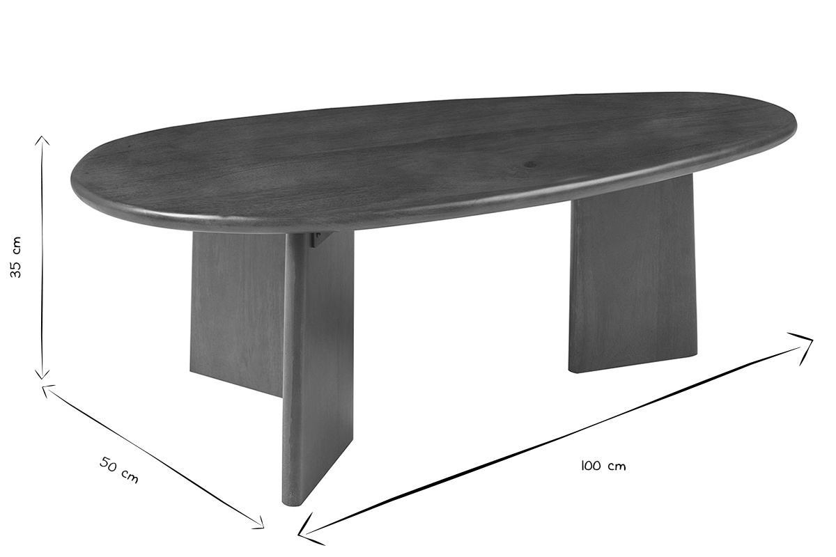 Table basse en manguier massif, forme ovale, dimensions : 100 cm x 50 cm x 35 cm, en noir et blanc.