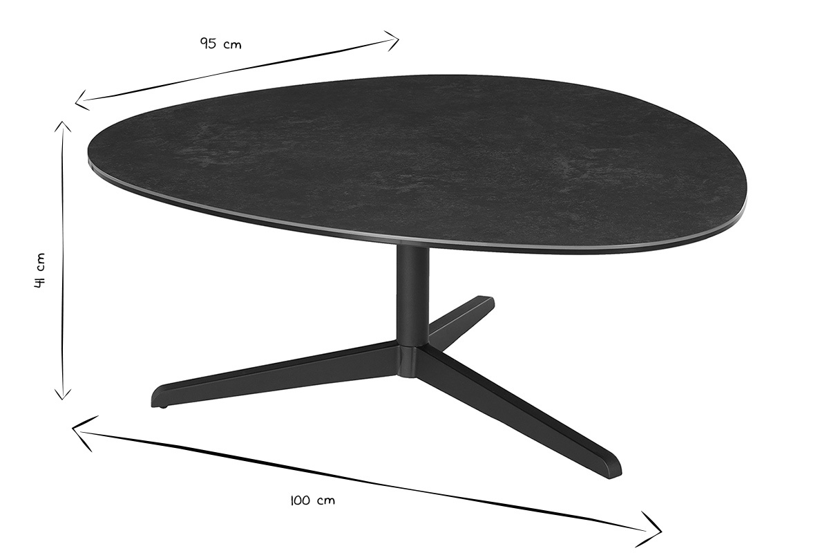 Table basse en c�ramique noire et m�tal, dimensions 100x95x41 cm, vue de 3/4, en noir et blanc.