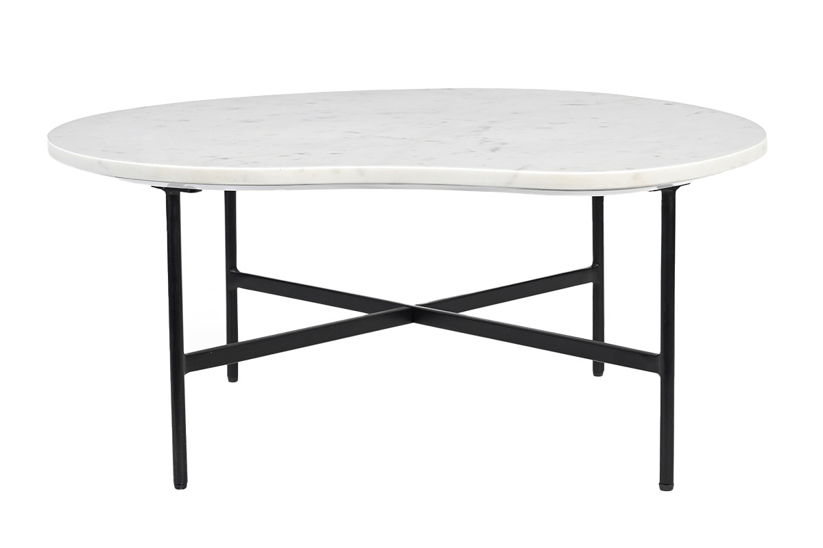Table basse en marbre blanc et m�tal noir, vue de face.