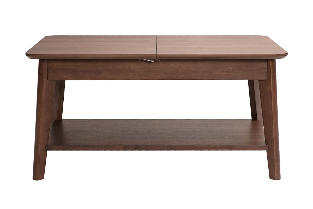 Table basse rectangulaire extensible en bois fonc�, vue de face, dimensions L90-120 cm.