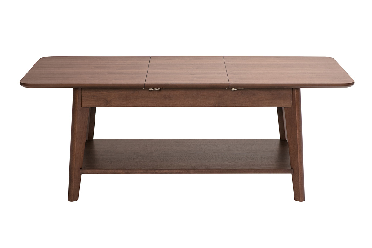 Table basse extensible rectangulaire en bois fonc�, vue de face, dimensions L90-120 cm.