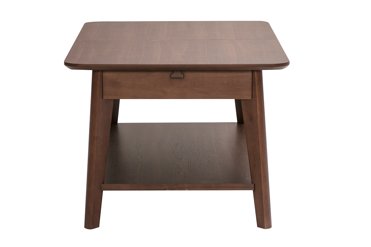 Table basse extensible rectangulaire en bois fonc�, vue de profil, avec tiroir et �tag�re au-dessous.