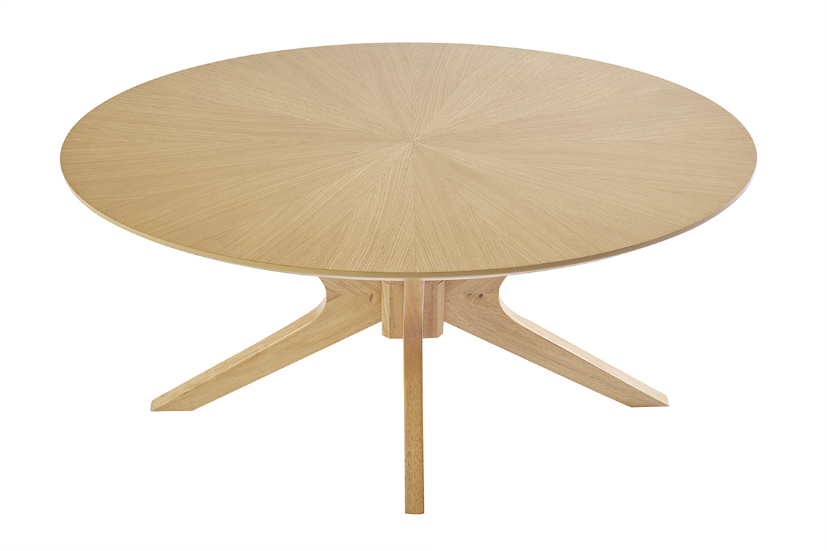 Table basse ovale DIELLI en bois clair ch�ne L90 cm avec pi�tement crois� en bois massif.