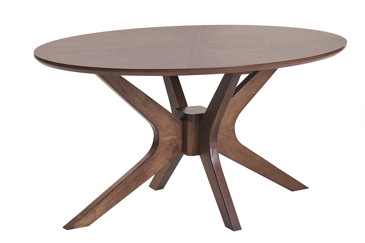 Table basse ovale en bois fonc� noyer avec pi�tement crois� et plateau motif �toile de 90 cm