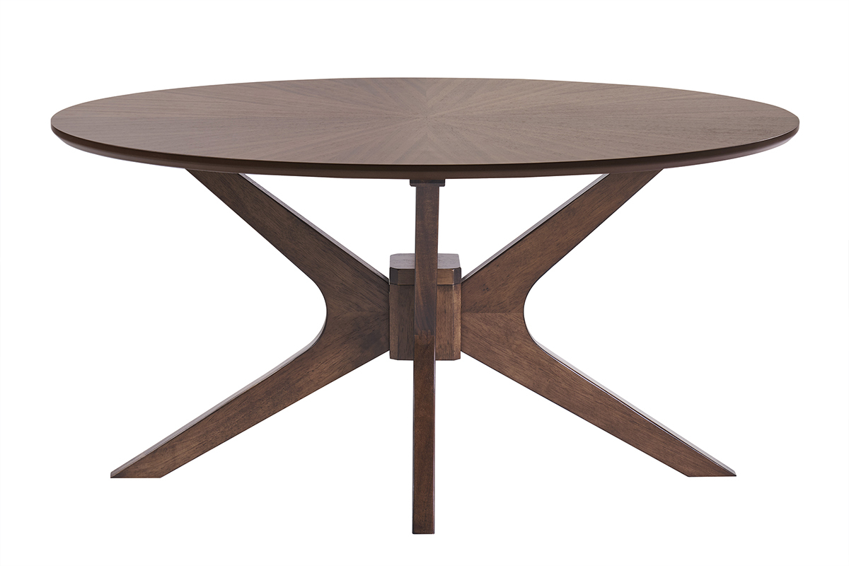 Table basse ovale bois fonc� noyer DIELLI, L90 cm, plateau motif �toile, pieds crois�s.