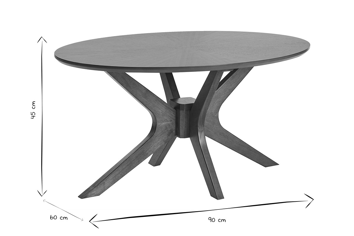 Table basse ovale en bois noyer fonc� avec plateau sculptural et pi�tement crois�, dimensions L90 cm.