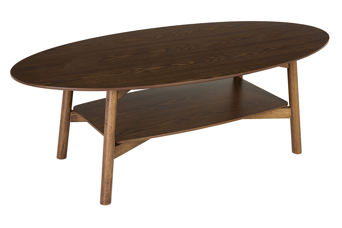 Table basse ovale en bois fonc� avec double plateau, vue de trois quarts.