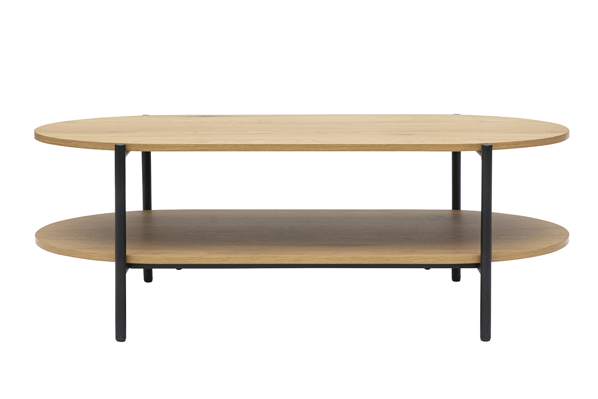 Table basse ovale en bois clair et m�tal noir, vue de face, avec double plateau en ch�ne.