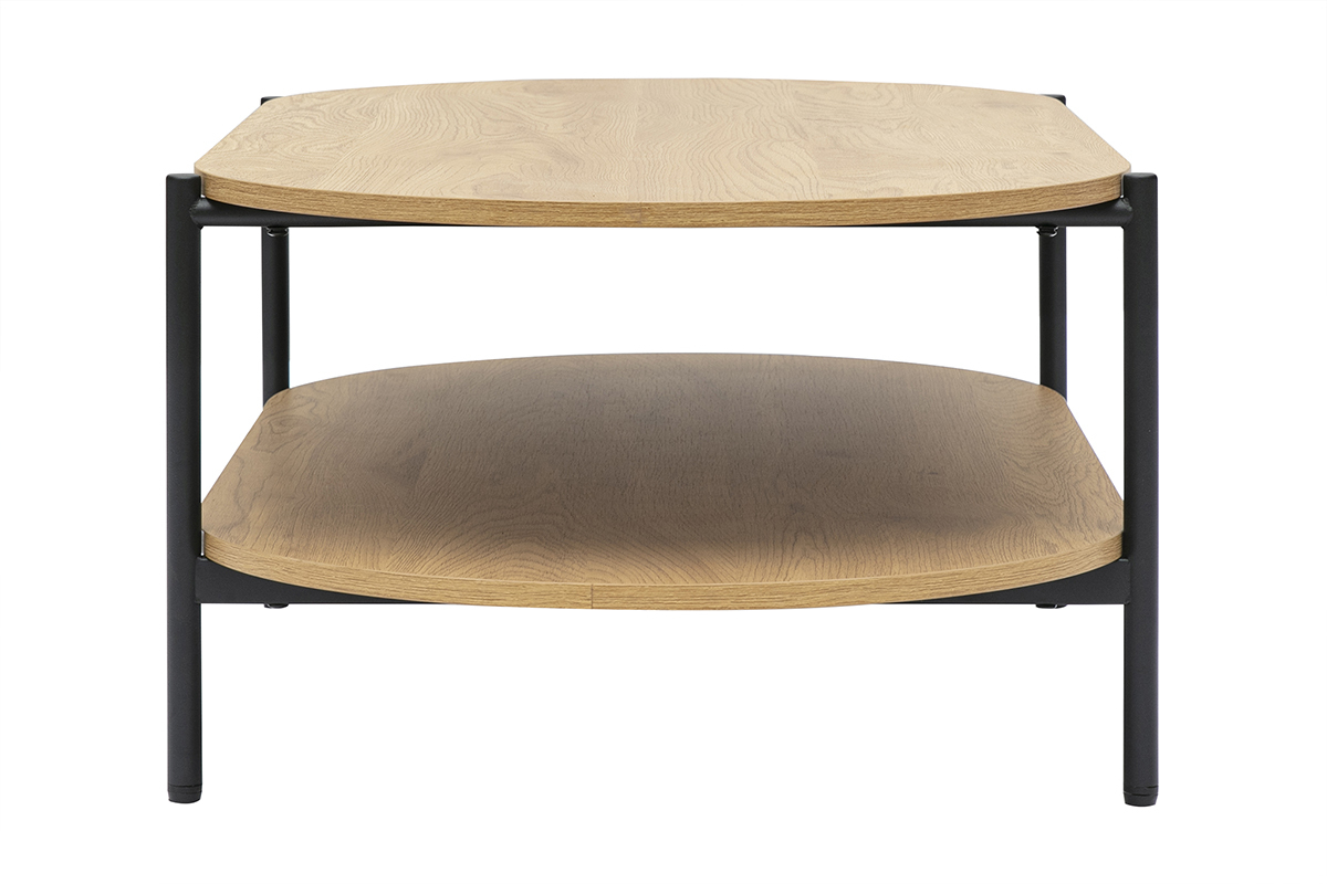 Table basse ovale en bois clair et m�tal avec double plateau, vue de profil.
